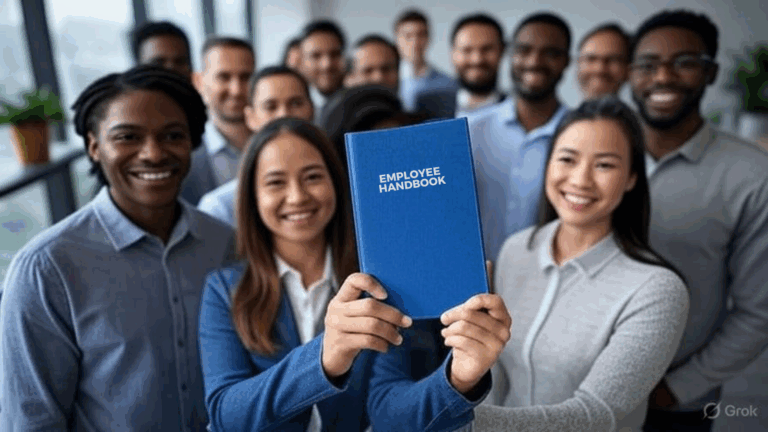 A group of diverse employees posing together with one person holding an employee handbook in front.
