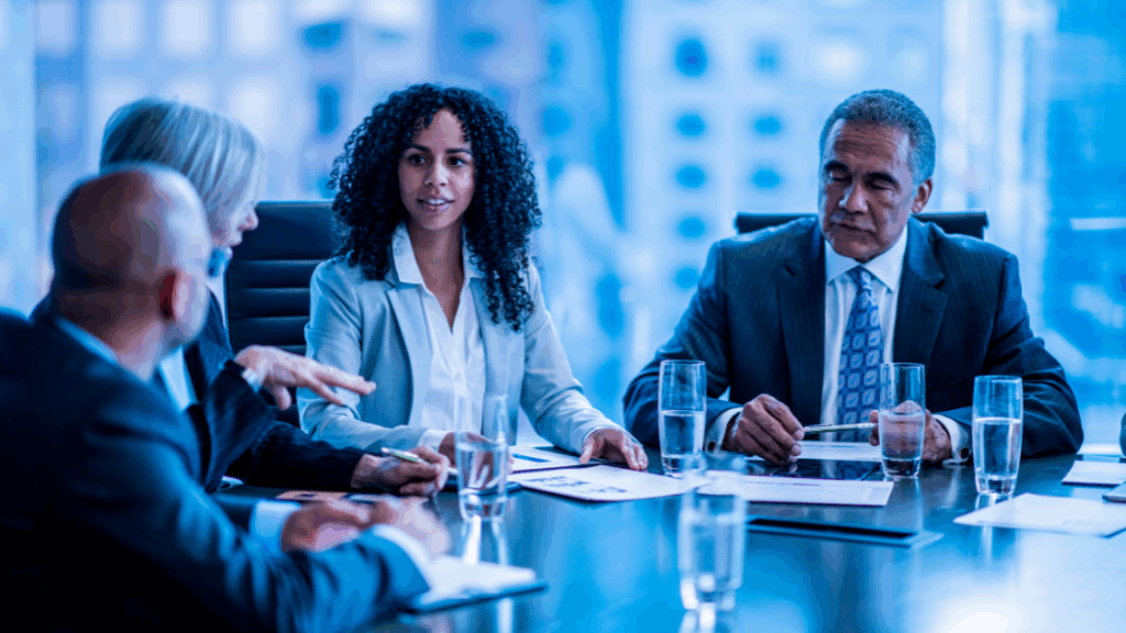 Group of professionals engaged in a discussion during a business meeting in a conference room.
