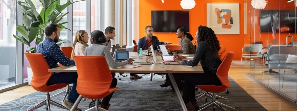 A group of eight professionals engaged in a meeting around a large table in a modern office environment.
