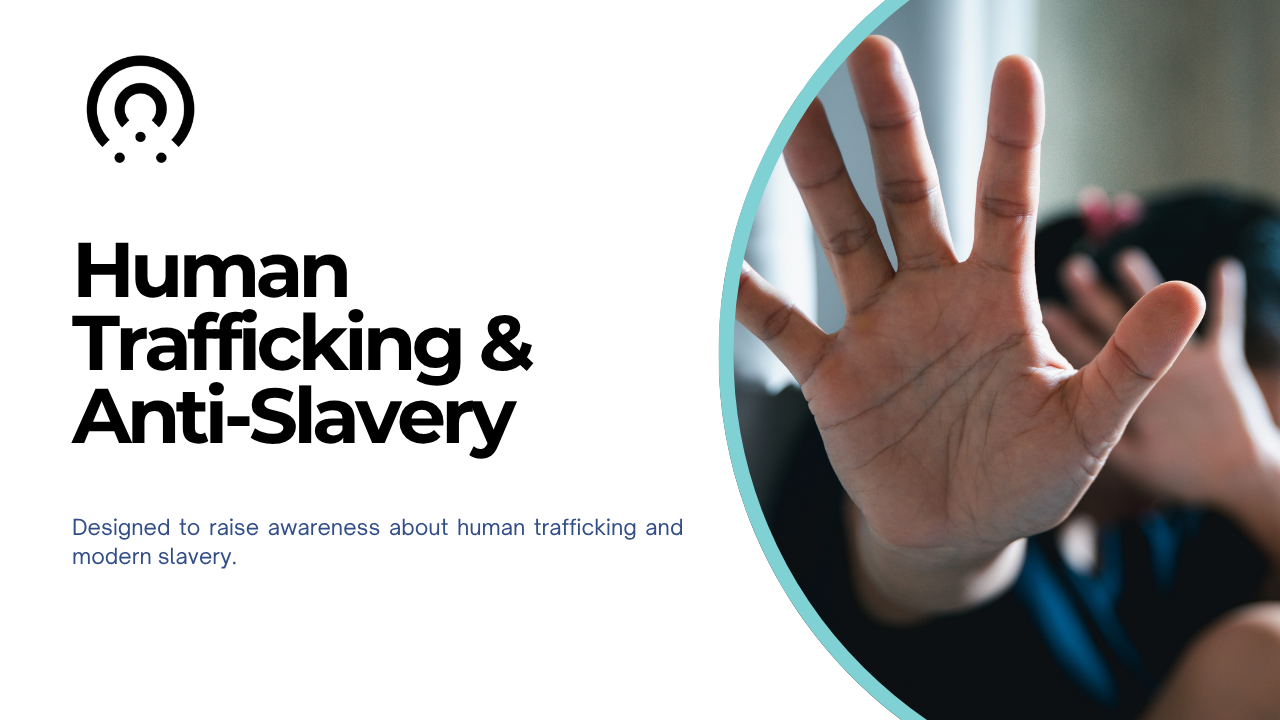 Image depicting a hand raised in a gesture of stopping, symbolizing anti-slavery and human trafficking awareness.