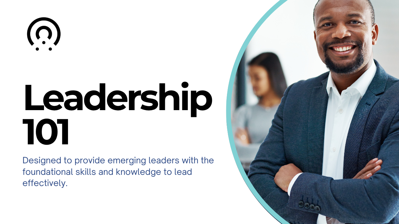 Smiling man in a suit with crossed arms, promoting a Leadership 101 course for emerging leaders.