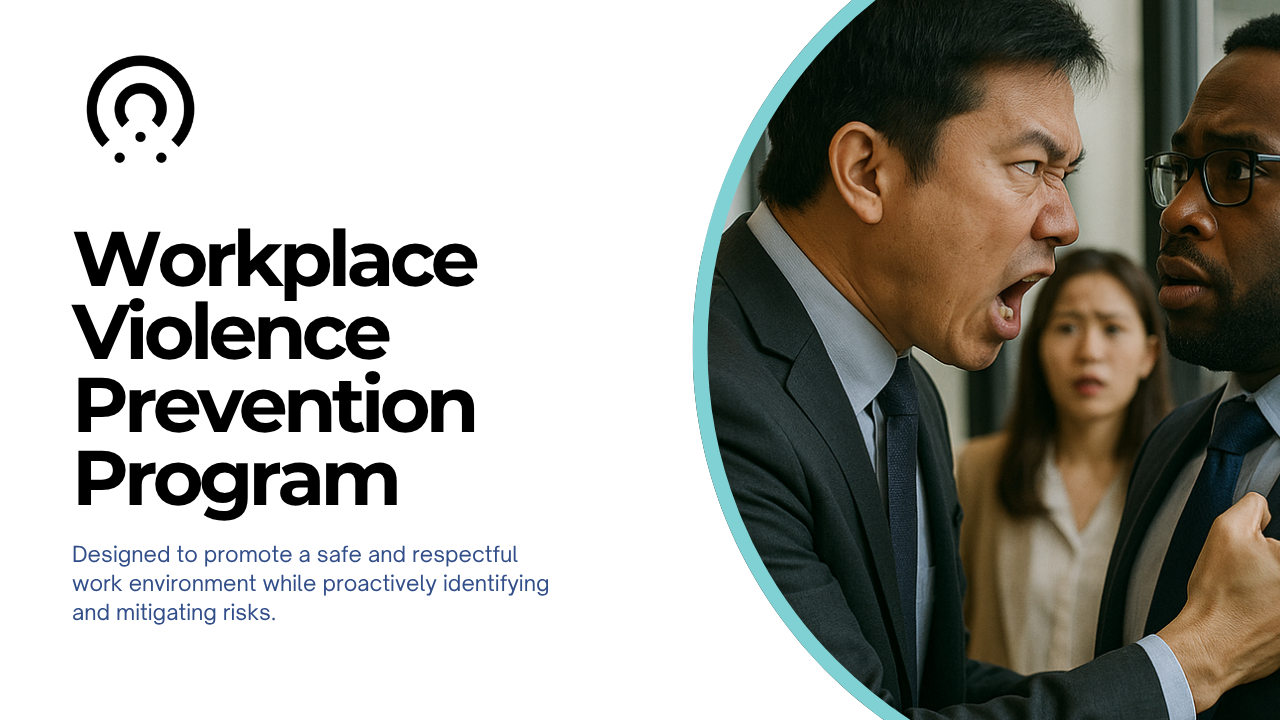 Graphic featuring the title 'Workplace Violence Prevention Program' with two men in a confrontation.