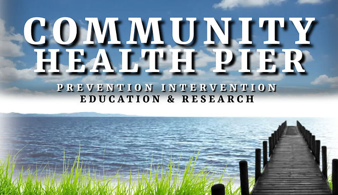Community Health Pier logo with text reading “Prevention, Intervention, Education & Research” over a scenic pier extending into a calm blue lake.