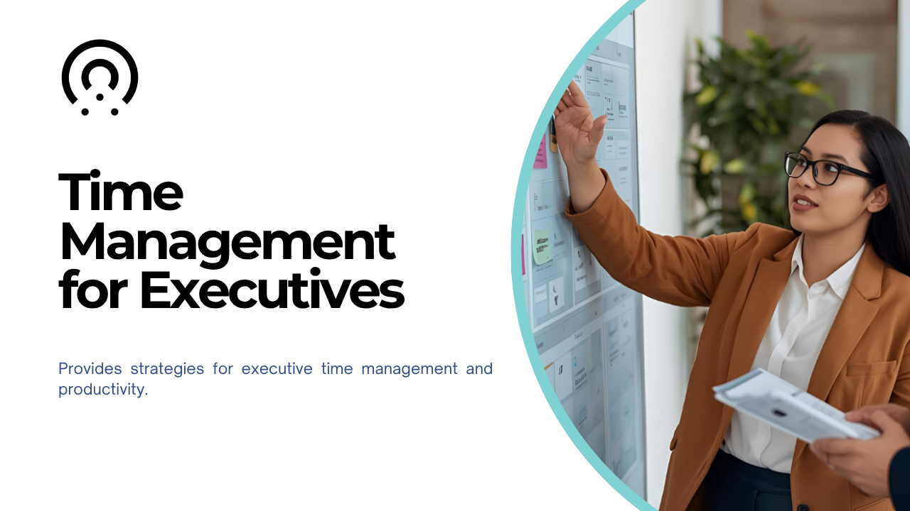 A woman in a business suit discussing time management strategies in front of a presentation board.