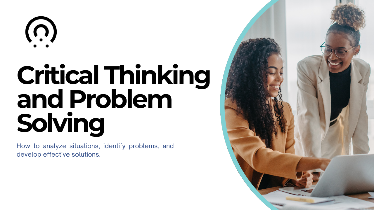 Critical Thinking and Problem Solving headline alongside a smiling team collaborating at a laptop, supporting The Management Mastery Series learning.