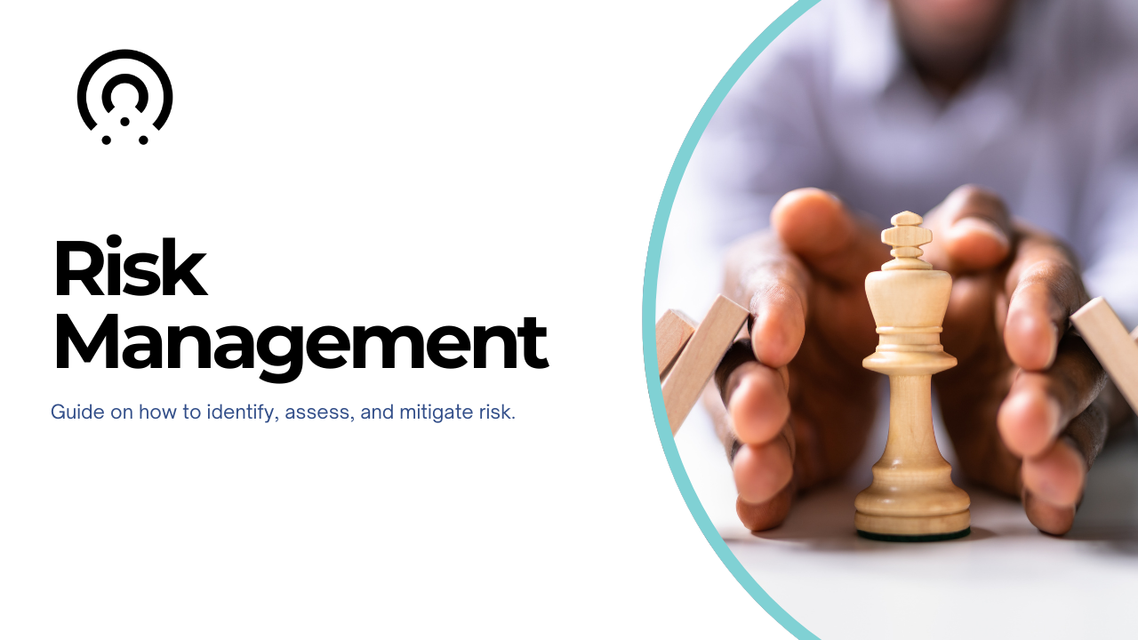 Risk Management guidance with a wooden chess pawn in the foreground, plus a blue question-mark icon and the text “Risk Management”.