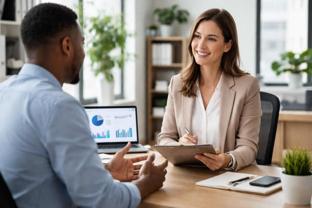During exit interviews and retention fixes, The Atrium, LLC team members meet in a professional office while reviewing a laptop chart with blue graphs.